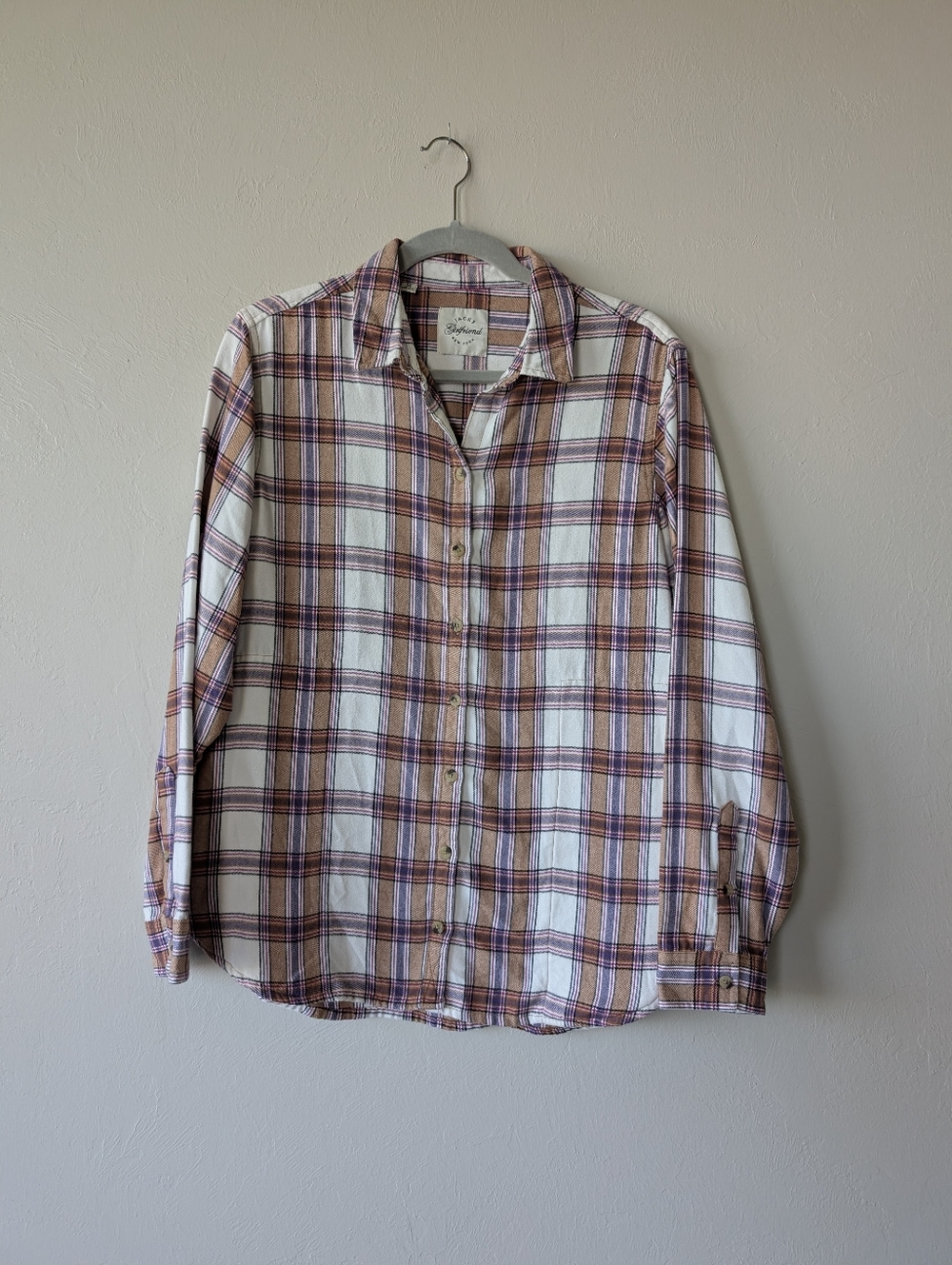 Jachs Girlfriend Plaid Button-Up Tunic Top Blouse Purple Brown Collared Size M